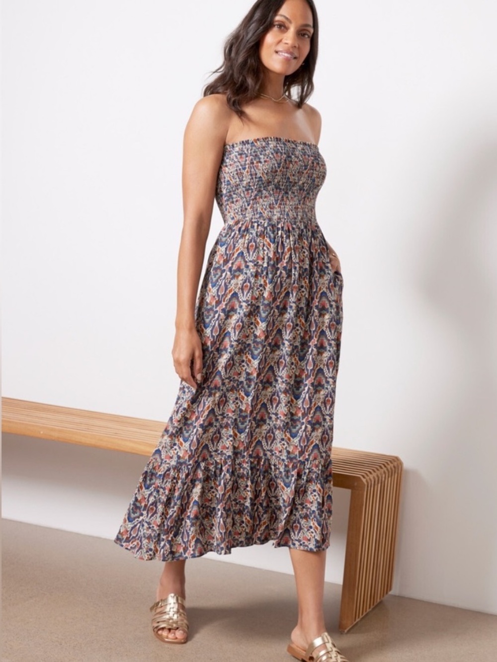 Evereve || Laine Smocked Midi Dress Strapless Sundress Ikat Print Small